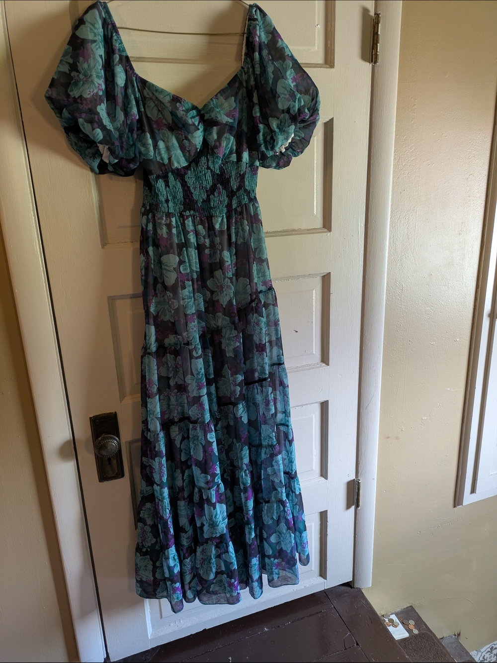 Floral Puff-Sleeve Maxi Dress in Teal & Purple